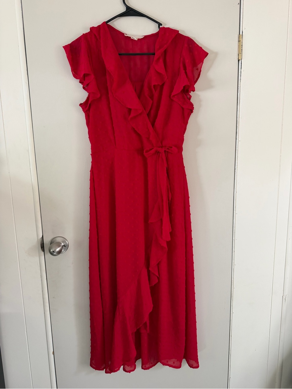 Red Ruffle Wrap Midi Dress